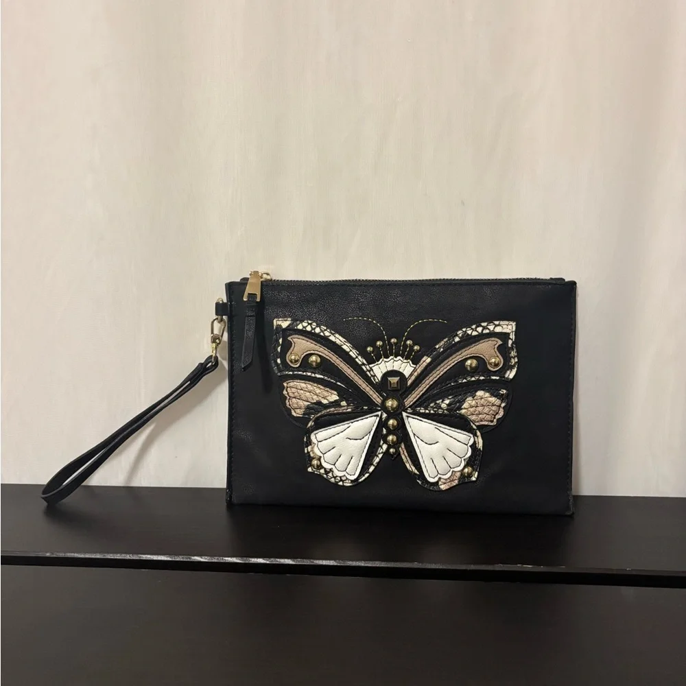 INC International Concepts Black Faux Suede Butterfly Wristlet Clutch Like New - Picture 3 of 8